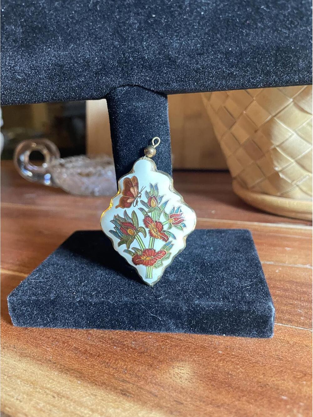 Vintage Cloisonne Flower Pendant Necklace Double Side Enamel Gold Tone